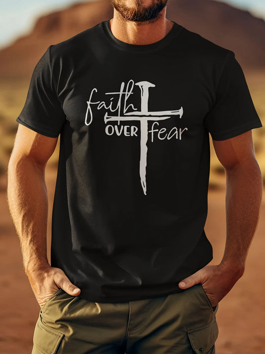 Faith Over Fear Printed Men’s Sports Crew Neck Short Sleeve T-Shirt – Breathable Cotton Casual Tee