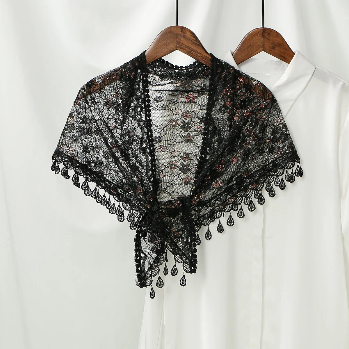 Women Lace Triangle Scarf with Tassel Embroidered Solid Color Shawls Veil Fashion Lightweight Prayer Hijab 160*50cm