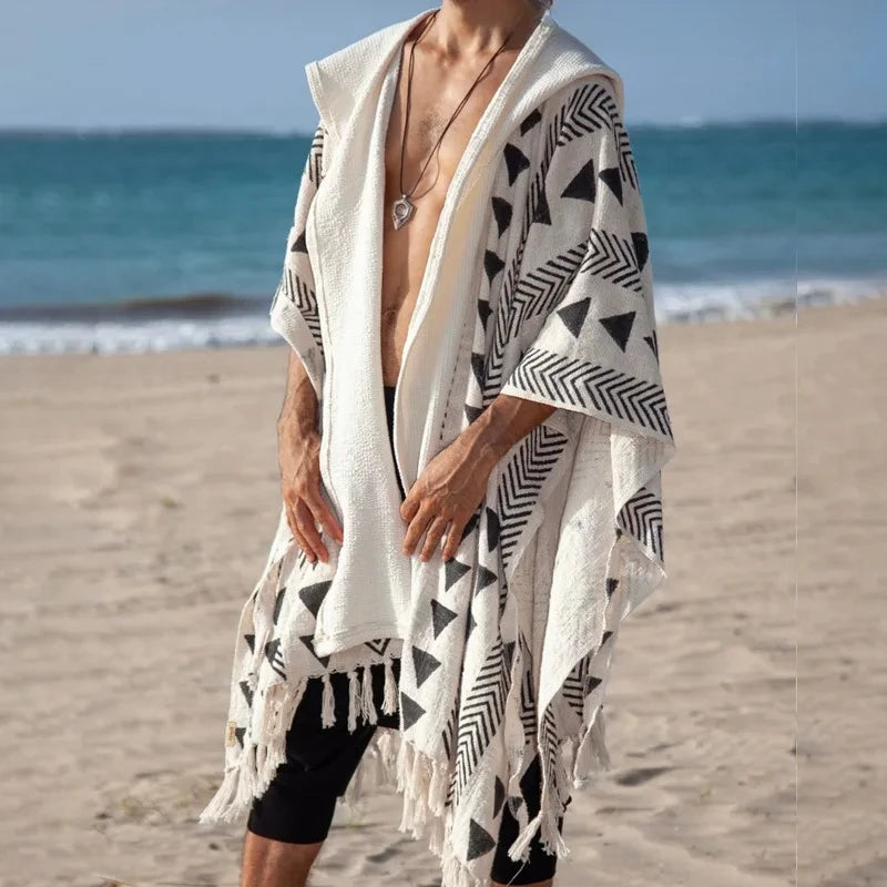 Retro Beach Cardigan Shirt for Men – Lightweight Striped Vacation Pullover with Turn-Down Collar