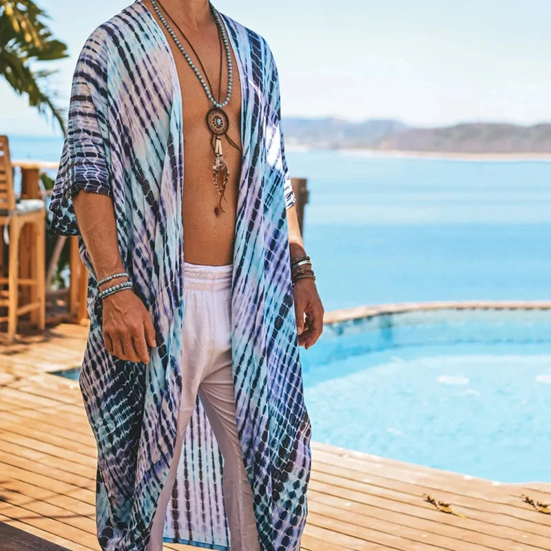 Retro Beach Cardigan Shirt for Men – Lightweight Striped Vacation Pullover with Turn-Down Collar