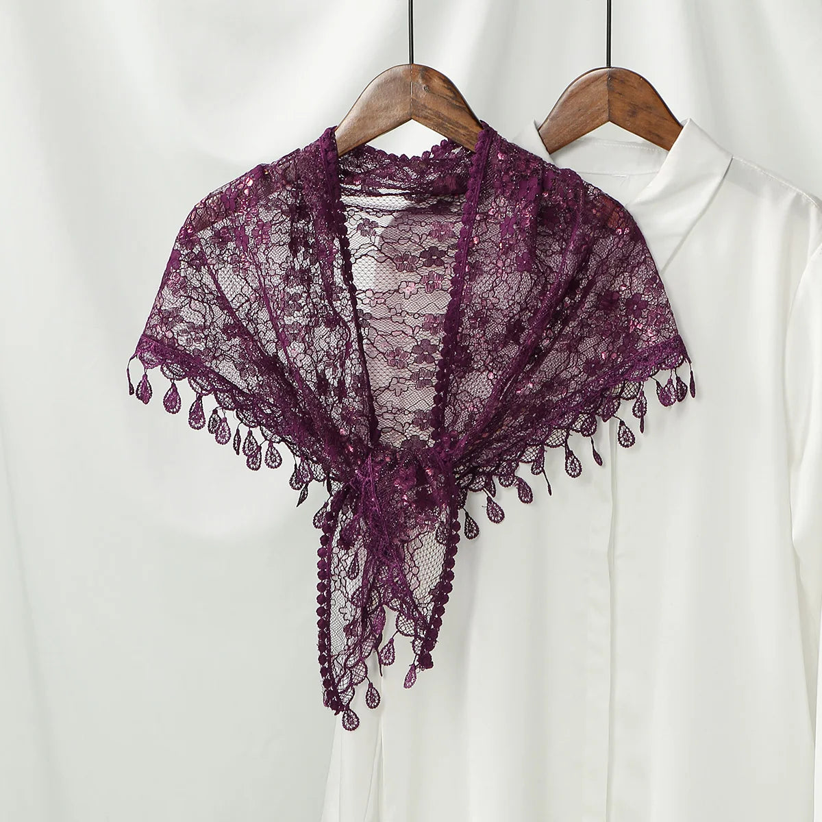 Women Lace Triangle Scarf with Tassel Embroidered Solid Color Shawls Veil Fashion Lightweight Prayer Hijab 160*50cm