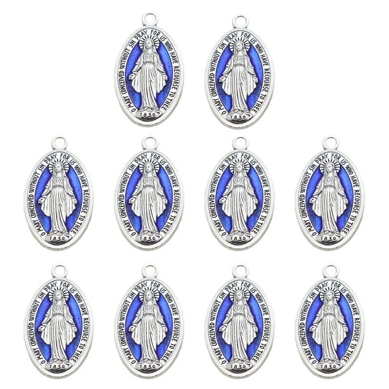 10 Pcs Miraculous Medal Pendant Charms – Catholic Necklace or Rosary Charms, Blessed Virgin Oval Pendants with Loop