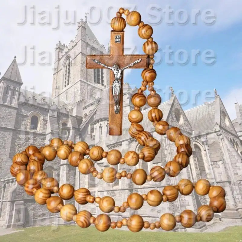 Oversized Wooden Catholic Cross with Rosary Beads - Handcrafted Religious Wall Decor