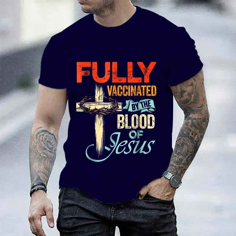 Fully Vaccinated By The Blood of Jesus Faith Christian T-Shirt Black T-shirt Fashion Streetwear for Men Tees