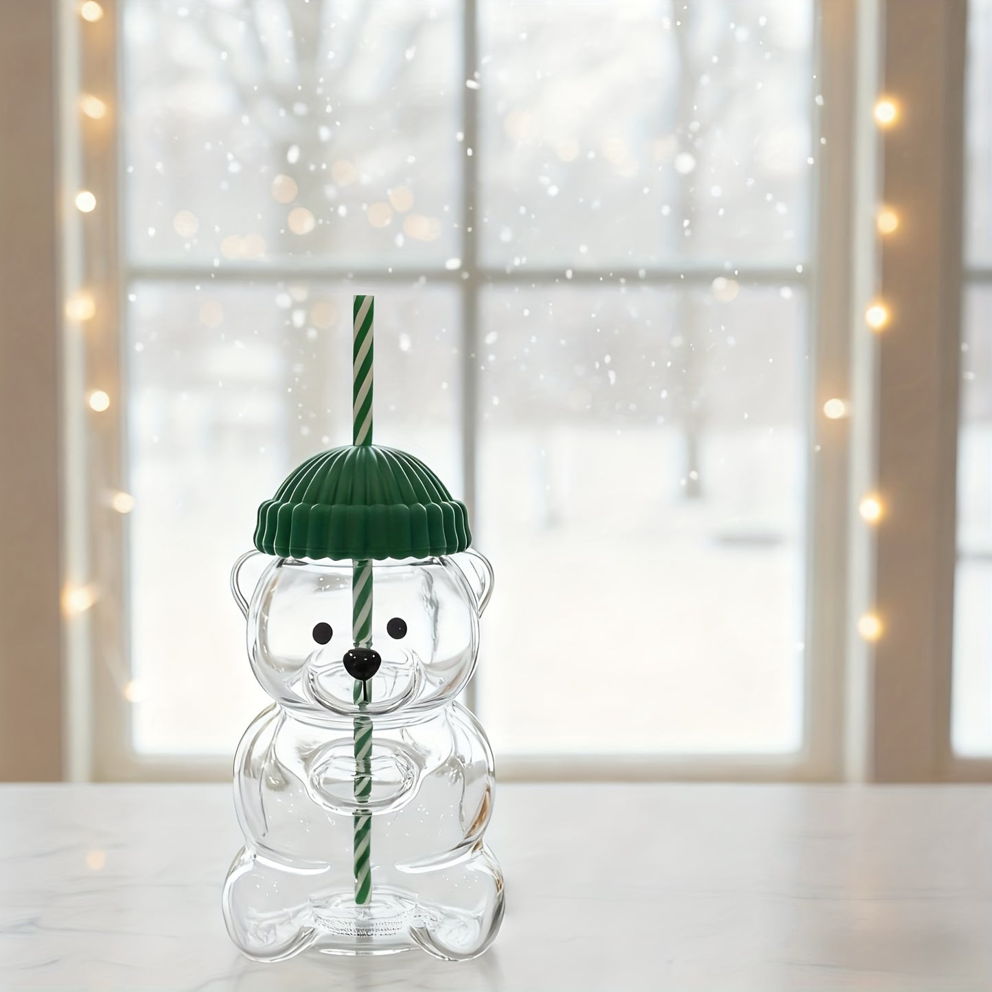 Mini Bear Glass Cup with Green Hat Lid & Straw – Cute Transparent Bear Cup for Drinks, Gifts & Office Use