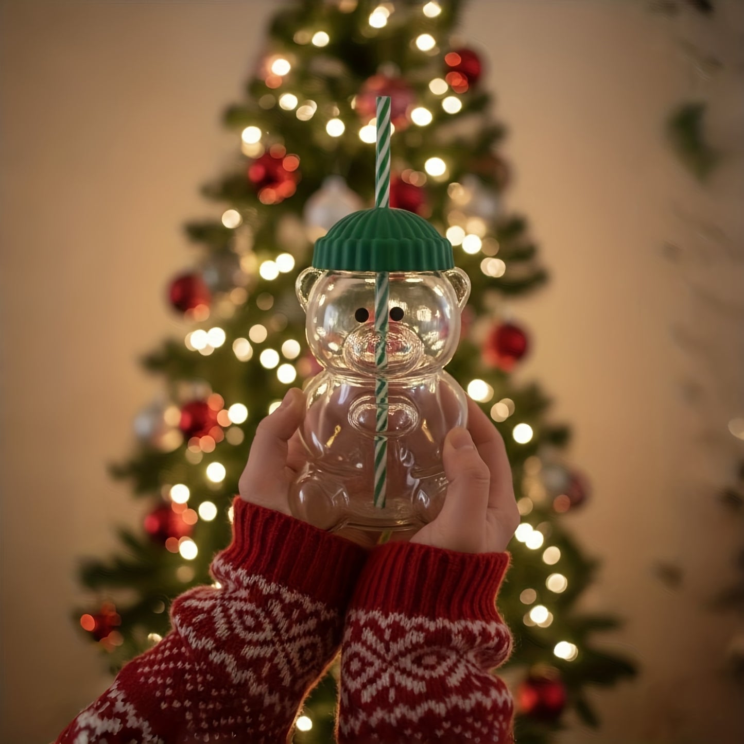 Mini Bear Glass Cup with Green Hat Lid & Straw – Cute Transparent Bear Cup for Drinks, Gifts & Office Use