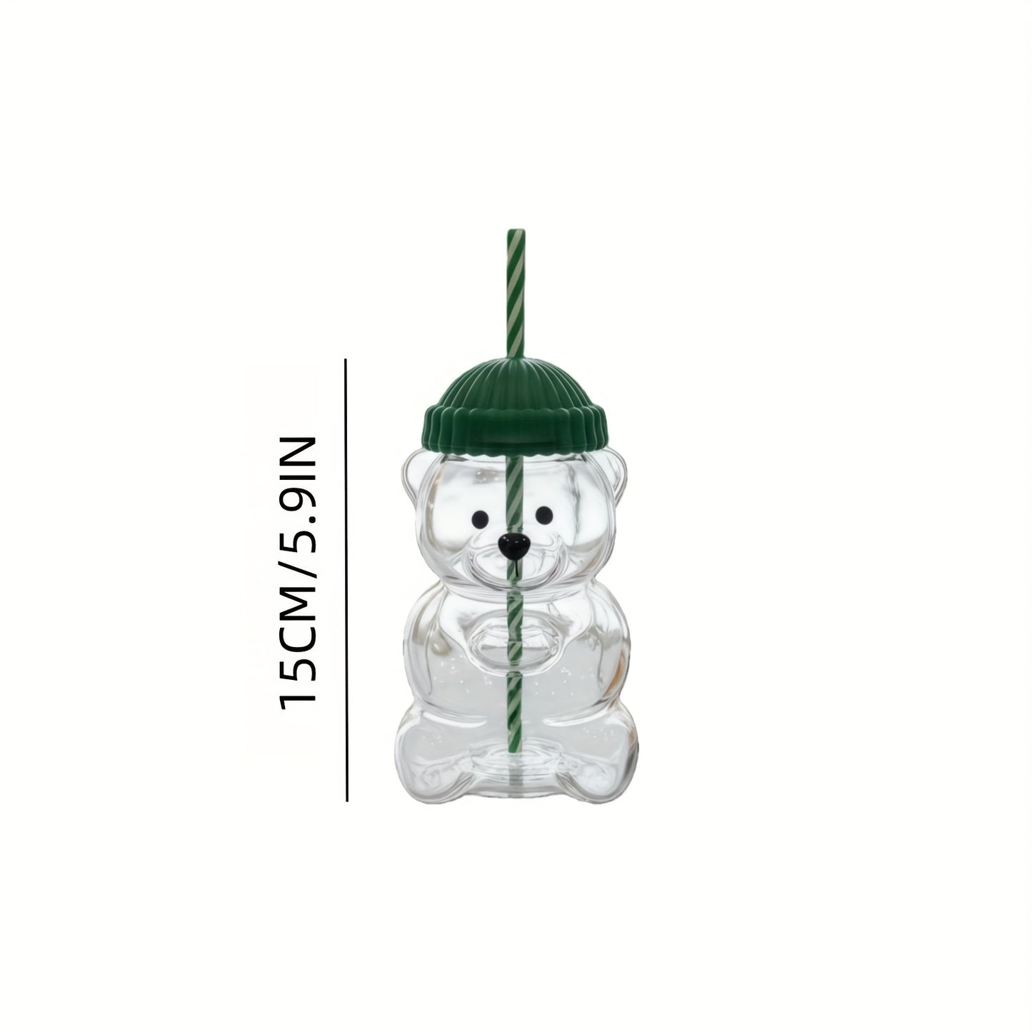 Mini Bear Glass Cup with Green Hat Lid & Straw – Cute Transparent Bear Cup for Drinks, Gifts & Office Use