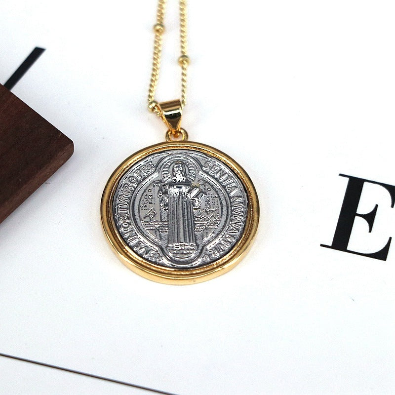 ST BENEDICT CROSS MEDAL American Fashion Design Retro Round Jesus Bead Necklace