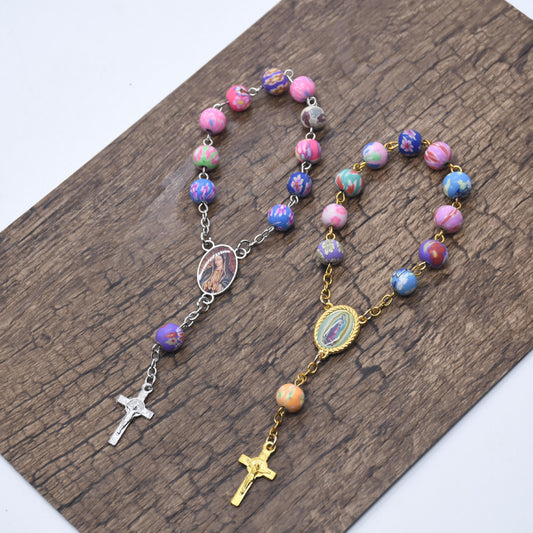 Ceramic Beads Car Rosary Bracelet – Geometric Unisex Religious Jewelry, Gold & Silver
